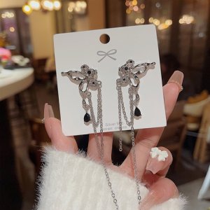 925 Silver Needle Dark Crystal Butterfly Flow Susp earrings female Ins tide light luxury niche metallic liquid earrings earrings