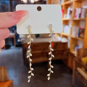 2025 Willow leaf long branches are full of willow ears S925 silver needle temperament versatile face thin earrings